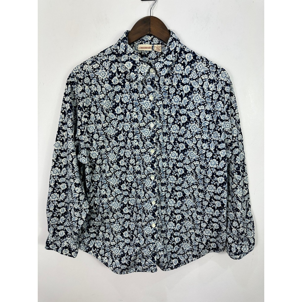 Crossroads Long Sleeve Button Up Shirt Blue Floral Size Large Vtg 90s‎ Cottage